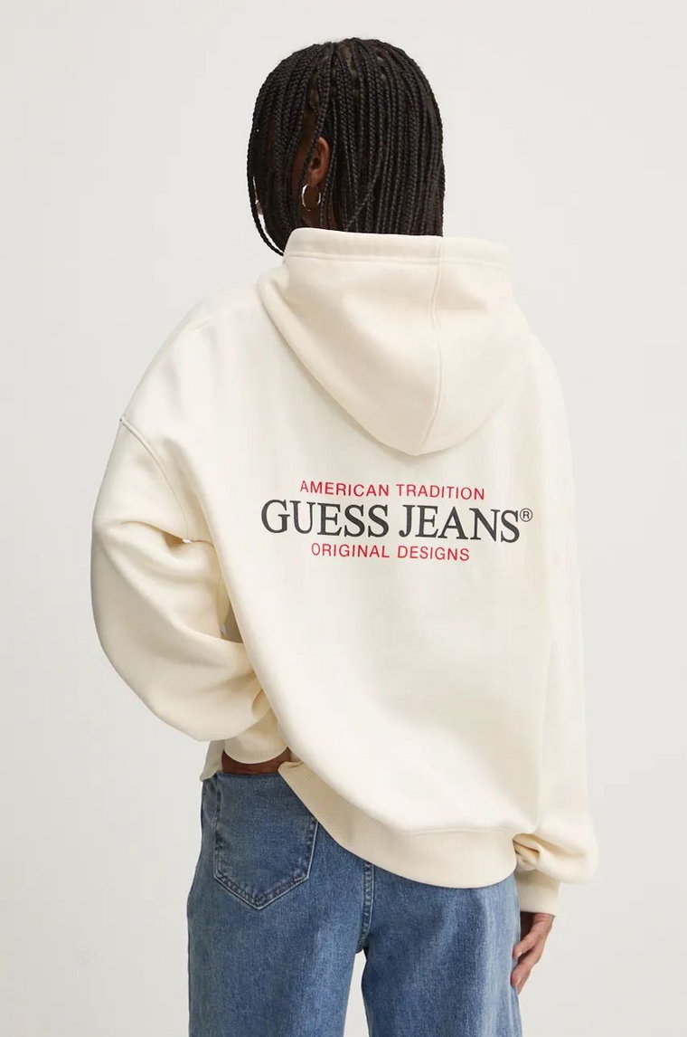 Guess Jeans bluza damska kolor beżowy z kapturem z nadrukiem W4BQ21 KC811