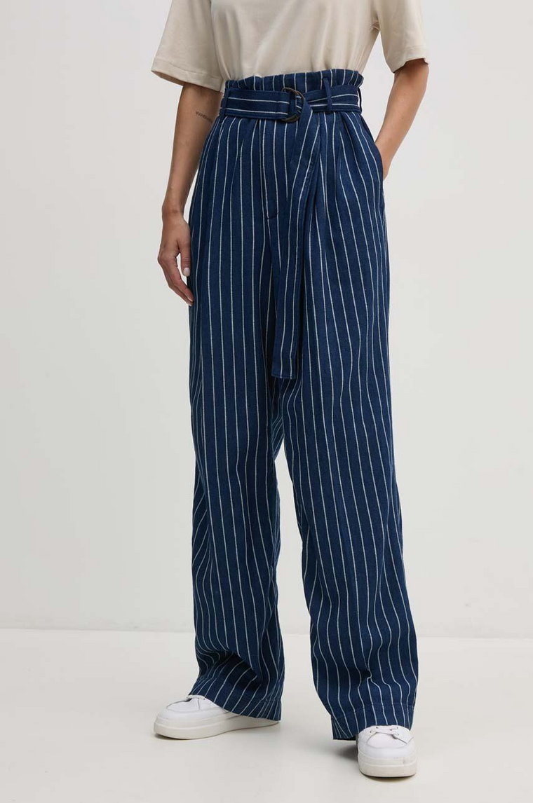 Polo Ralph Lauren spodnie lniane kolor granatowy proste high waist 211934938
