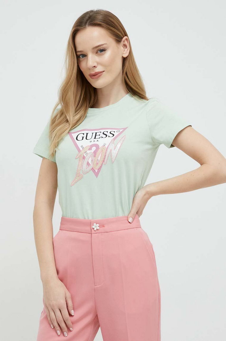 Guess t-shirt bawełniany kolor zielony