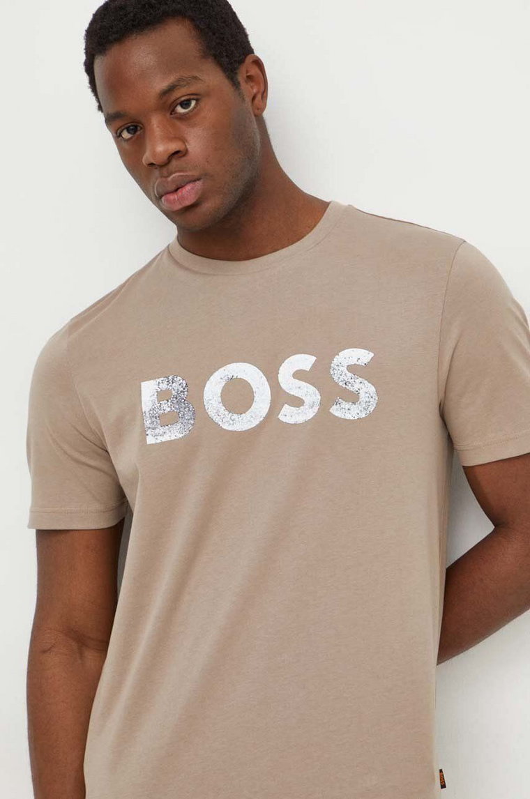 Boss Orange t-shirt bawełniany męski kolor beżowy z nadrukiem