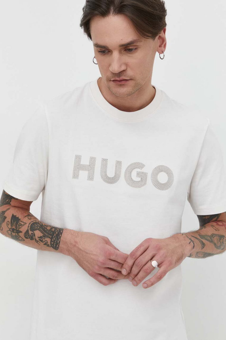 HUGO t-shirt bawełniany męski kolor beżowy z aplikacją 50509958