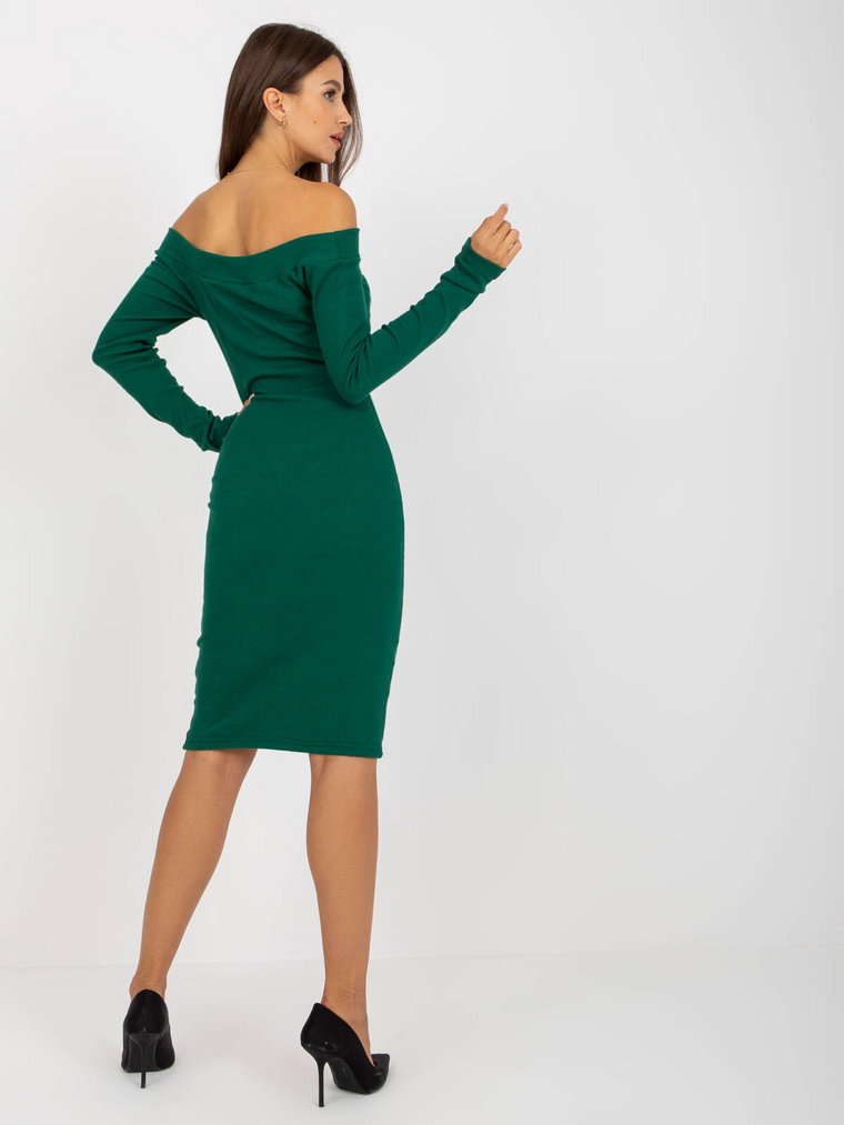 Sukienka basic ciemny zielony codzienna elegancka dekolt hiszpanka rękaw długi długość midi materiał prążkowany