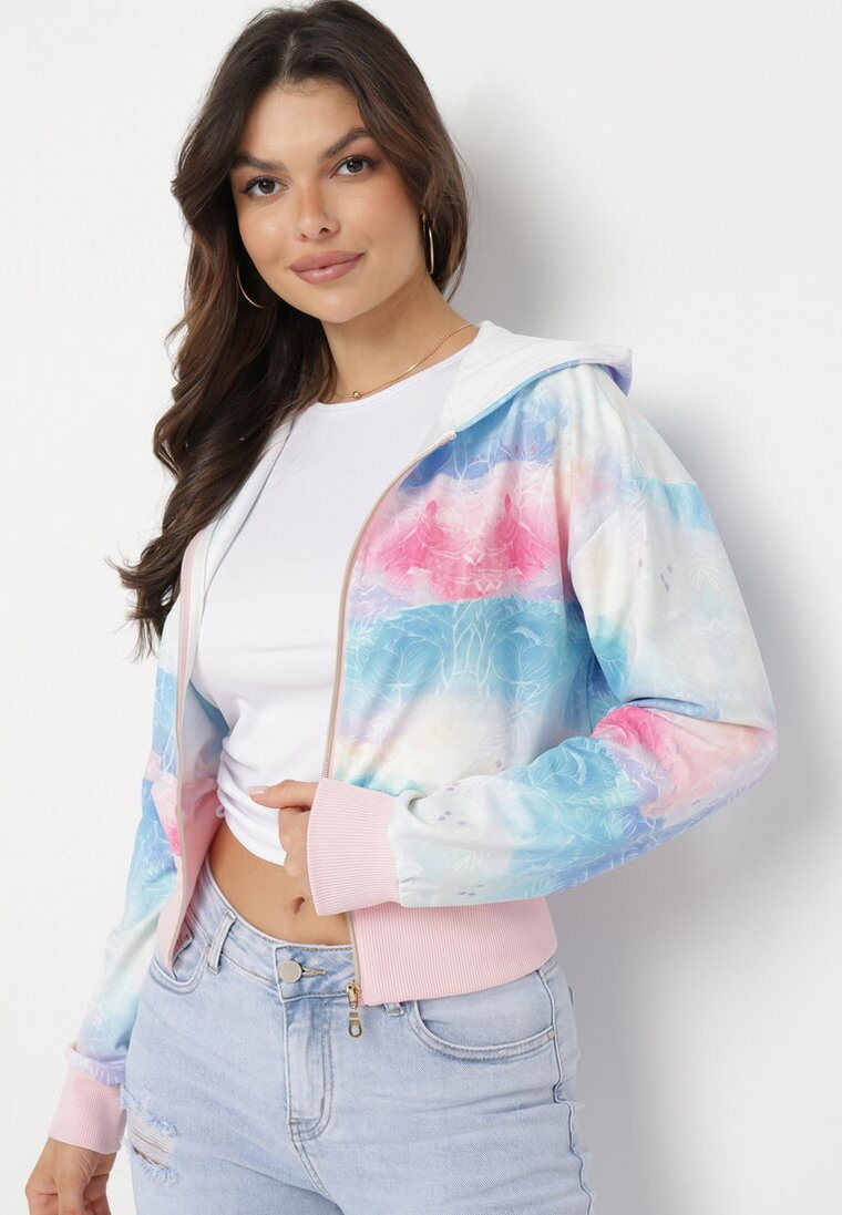 Różowo-Niebieska Bluza z Kapturem Szerokim Ściągaczem i Wzorem Tie-Dye Alreica