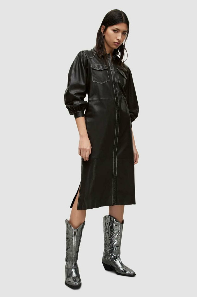 AllSaints sukienka skórzana AVA LEA SHIRT DRESS kolor czarny midi prosta WL012Y