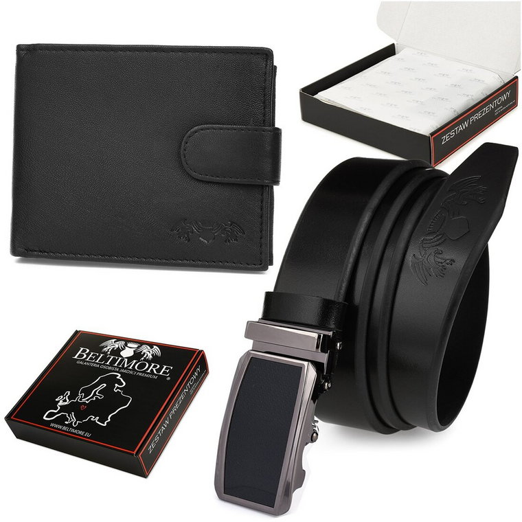 Zestaw męski skórzany premium Beltimore portfel pasek T92 : Kolory - czarny, Rozmiar pasków - r.85-100 cm