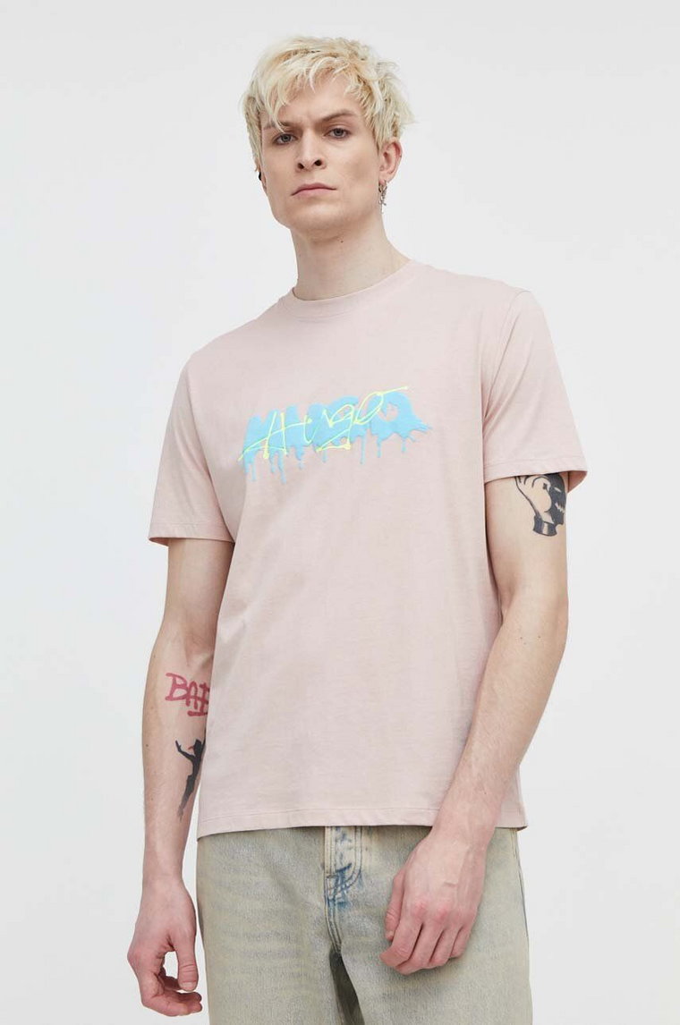 HUGO t-shirt bawełniany męski kolor różowy z nadrukiem 50515282