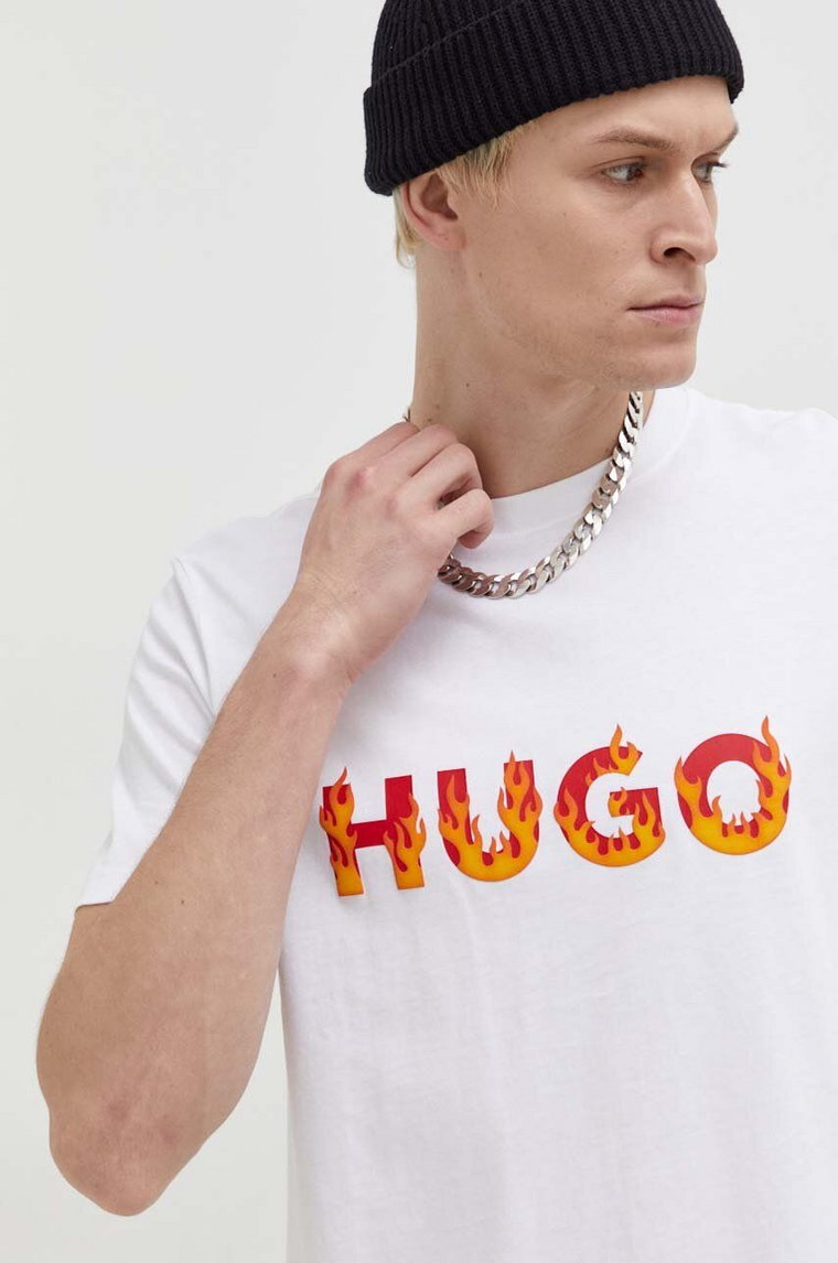 HUGO t-shirt bawełniany męski kolor beżowy z nadrukiem 50504542