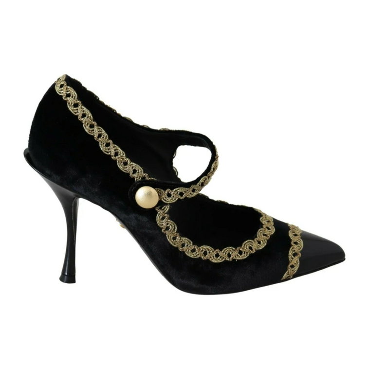 Black Embellished Velvet Mary Jane Pumps Shoes Dolce & Gabbana