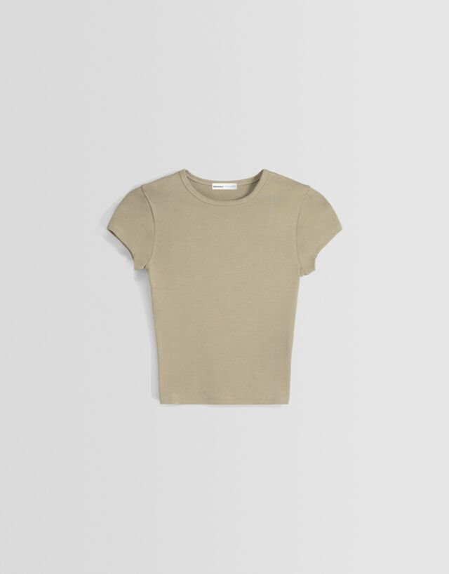 Bershka Koszulka Z Krótkim Rękawem I Okrągłym Dekoltem Kobieta Xl Khaki