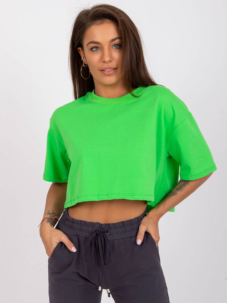 T-shirt jednokolorowy jasny zielony casual dekolt okrągły rękaw krótki długość krótka