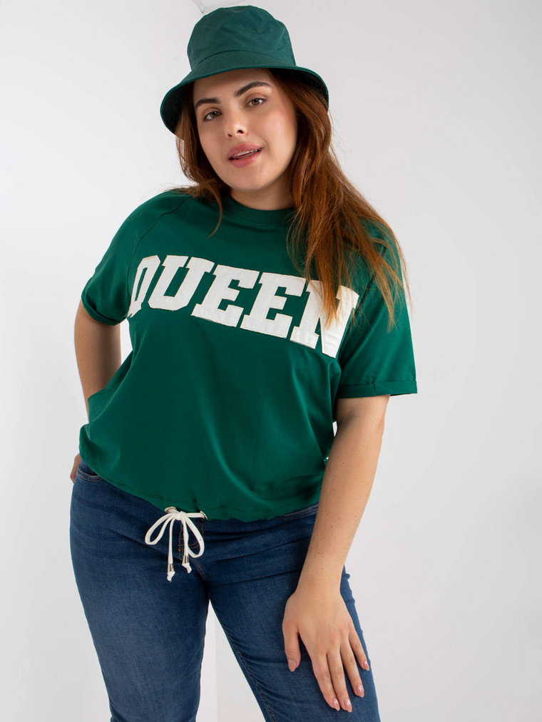 Bluzka plus size ciemny zielony casual codzienna dekolt okrągły rękaw krótki naszywki