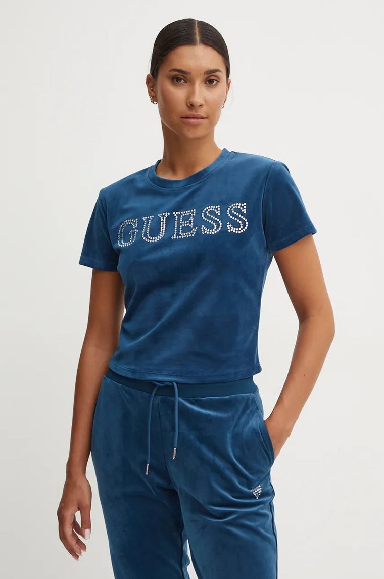 Guess t-shirt welurowy COUTURE kolor turkusowy V4BI29 KBXI2