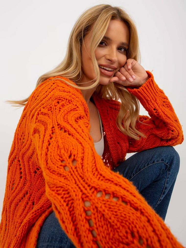 Kardigan pomarańczowy casual sweter ażurowy narzutka rękaw długi długość długa