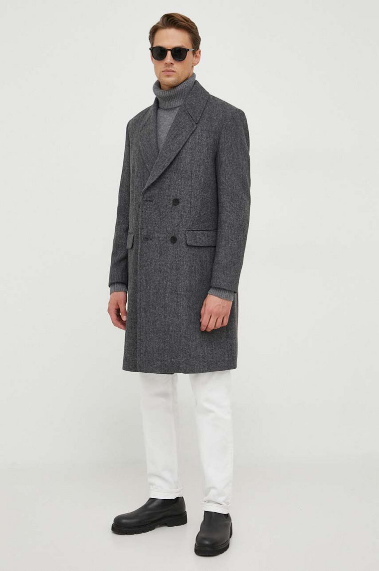 Sisley płaszcz z domieszką wełny kolor szary przejściowy dwurzędowy