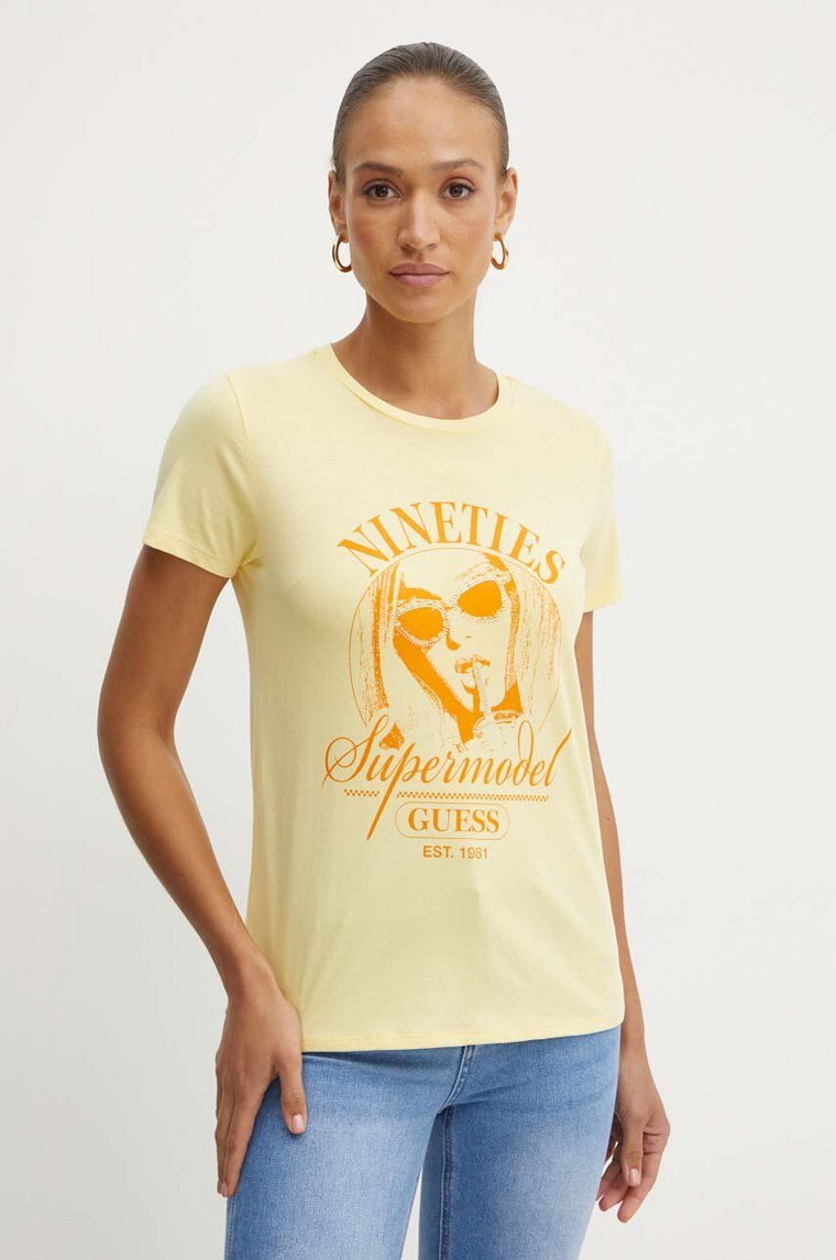 Guess t-shirt bawełniany SUPERMODEL damski kolor żółty W4YI55 K9RM1