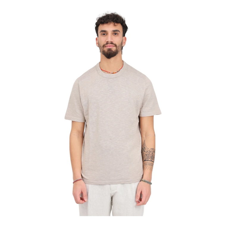 Beżowy lniany t-shirt z okrągłym dekoltem Selected Homme