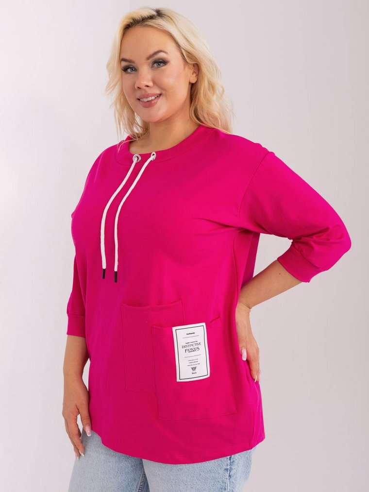 Bluzka plus size fuksjowy casual codzienna dekolt okrągły rękaw 3/4 naszywki kieszenie troczki