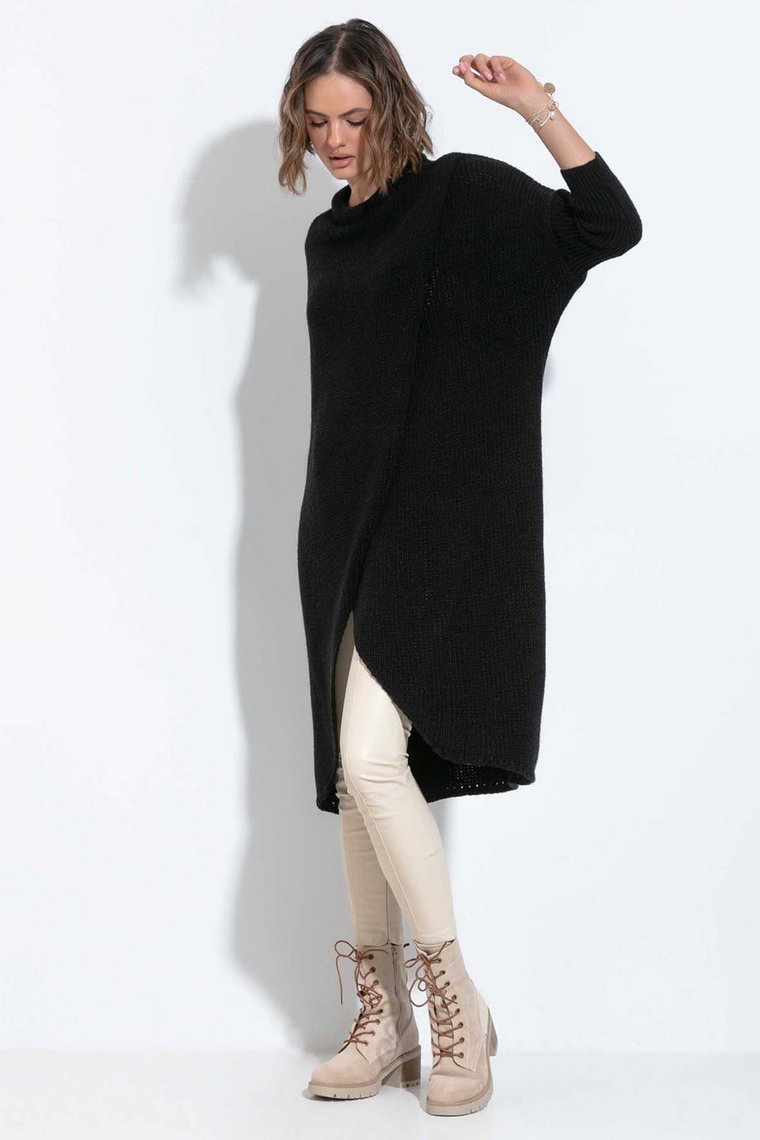 Długi sweter dzianinowy z rozcięciem - czarny