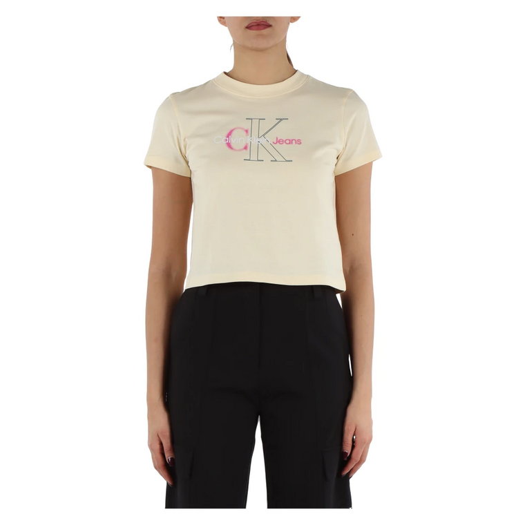 Krótka koszulka z bawełny z nadrukiem logo na przodzie Calvin Klein Jeans