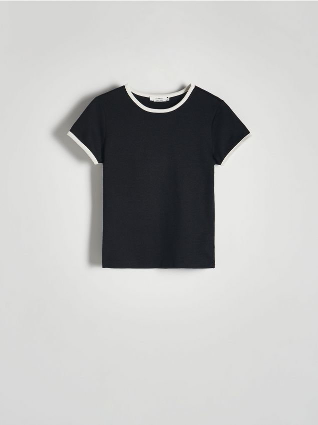 Reserved - T-shirt z kontrastową lamówką - czarny