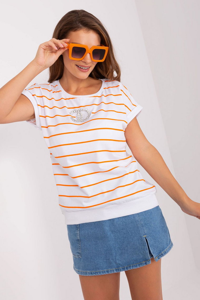 Ecru-pomarańczowa bluzka damska w paski z aplikacjami