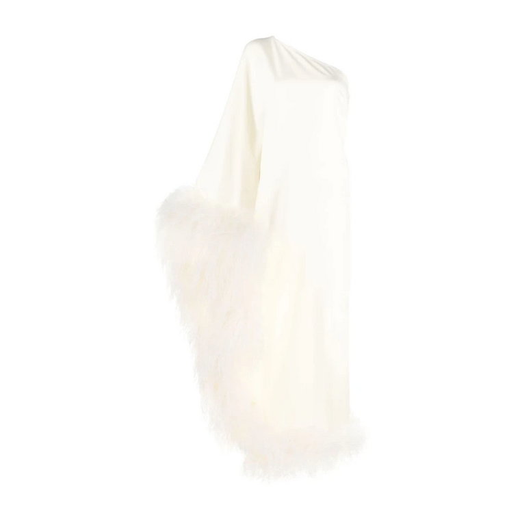 Biała Sukienka z Strusim Piórem na Jedno Ramię Taller Marmo