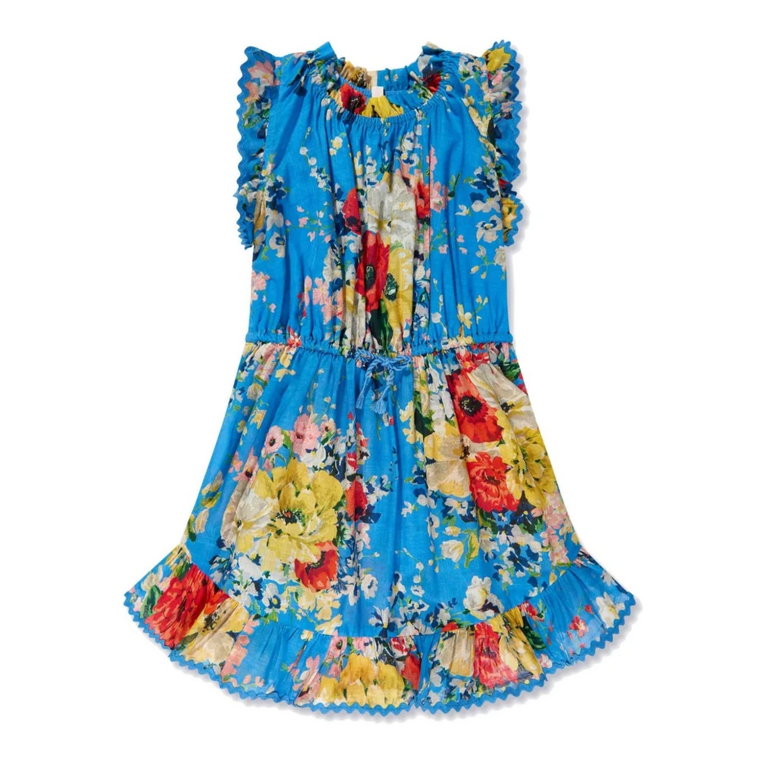 Niebieska Sukienka z Kwiatowym Wzorem, Marszczeniami i Falbanami Zimmermann