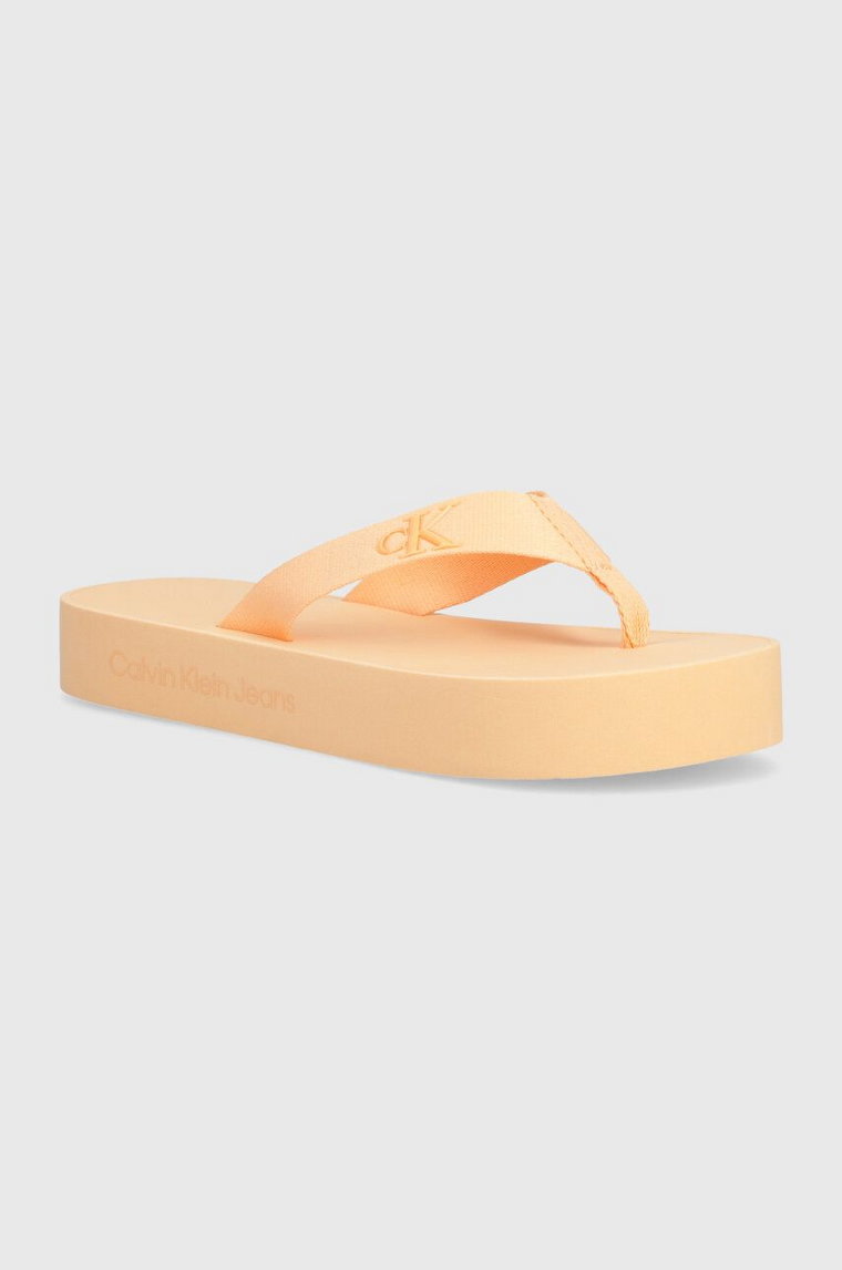 Calvin Klein Jeans japonki FLATFORM FLIPFLOP JELLY damskie kolor pomarańczowy na płaskim obcasie YW0YW01398