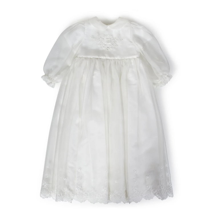 Biała Jedwabna Sukienka z Haftem Kwiatowym Fendi