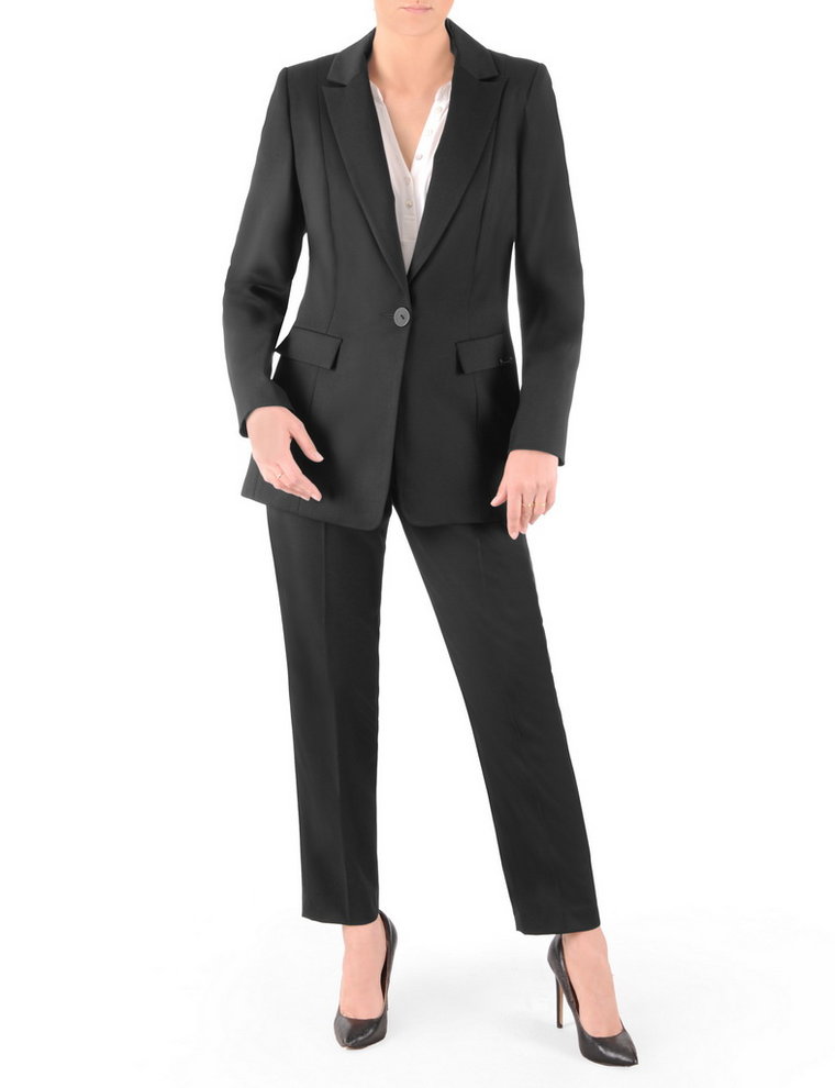 Elegancki garnitur damski, żakiet ze spodniami w czarnym kolorze 38296