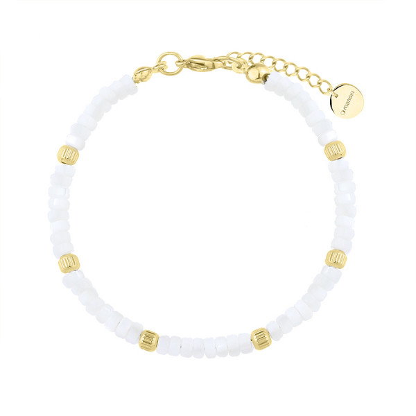 Damska delikatna bransoletka z białą masą perłową i złotymi elementami