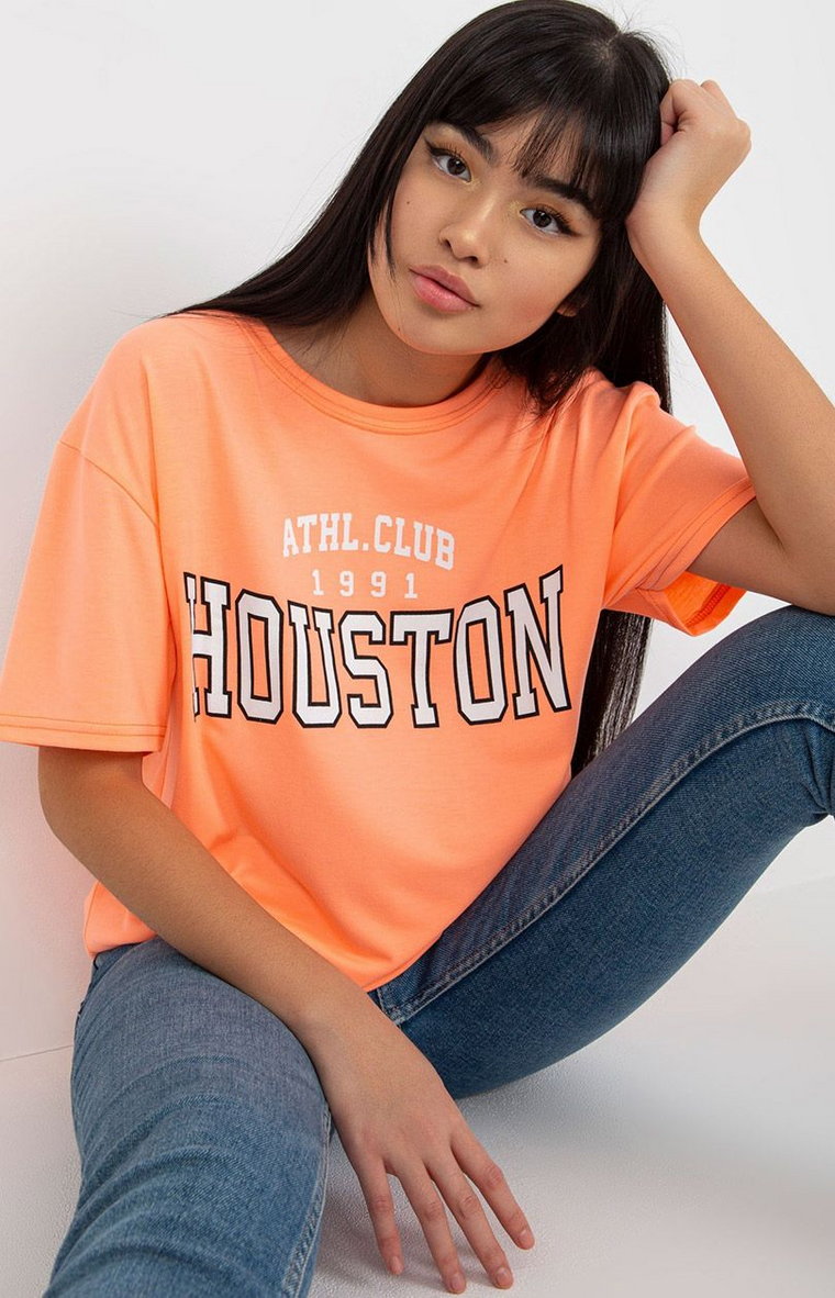 Pomarańczowy t-shirt damski z nadrukiem EM-TS-527-1.26X, Kolor pomarańczowy, Rozmiar one size, EX MODA