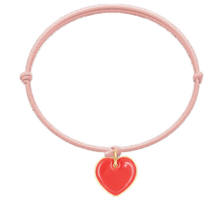 Bransoletka z pozłacanym emaliowanym sercem 1,5 cm na różowym sznurku
