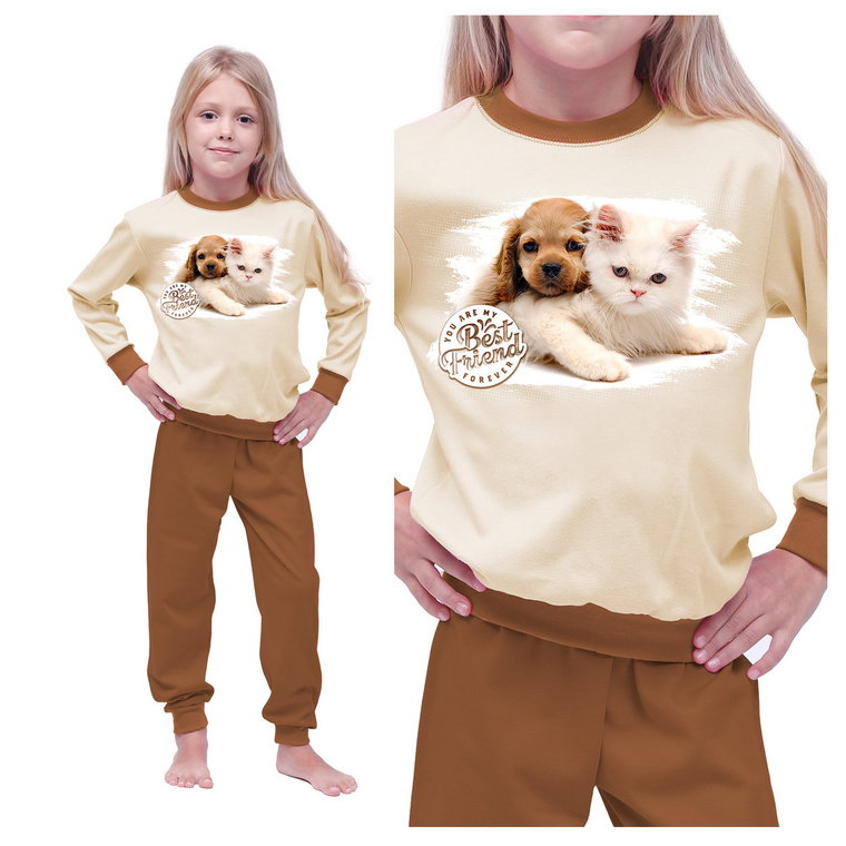 Piżama Młodzieżowa Bawełniana Dla Dziewczyny Z Długim Rękawem Bawełniana Ciepła Pies I Kot 164