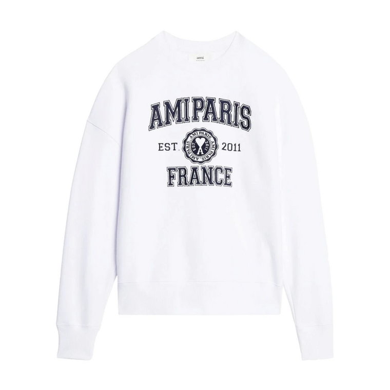 Biały Sweter z Okrągłym Dekoltem i Nadrukiem Ami Paris
