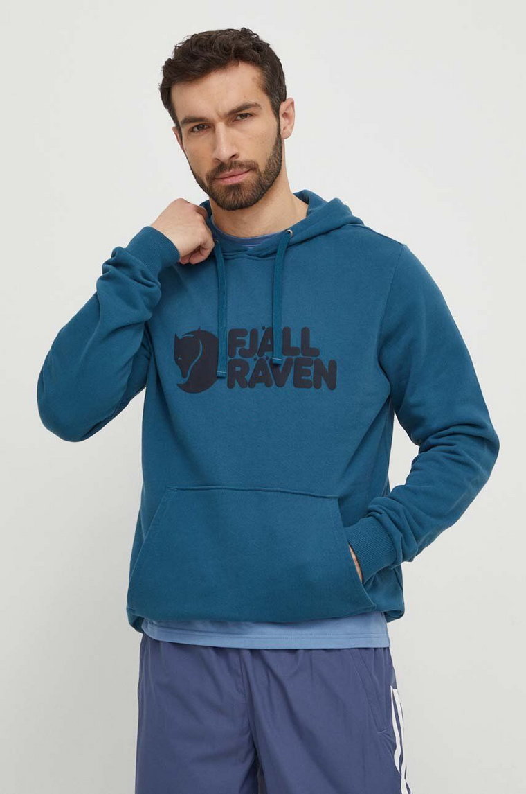 Fjallraven bluza bawełniana Fjällräven Logo Hoodie męska kolor niebieski z kapturem z nadrukiem F84144