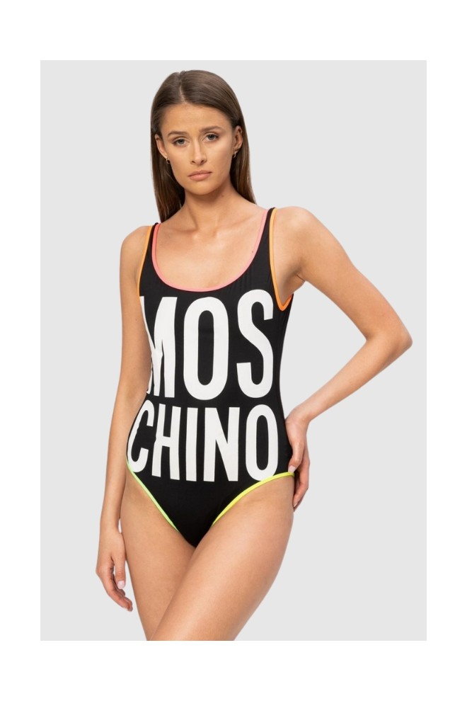 MOSCHINO Czarny strój kąpielowy z neonowymi lamówkami