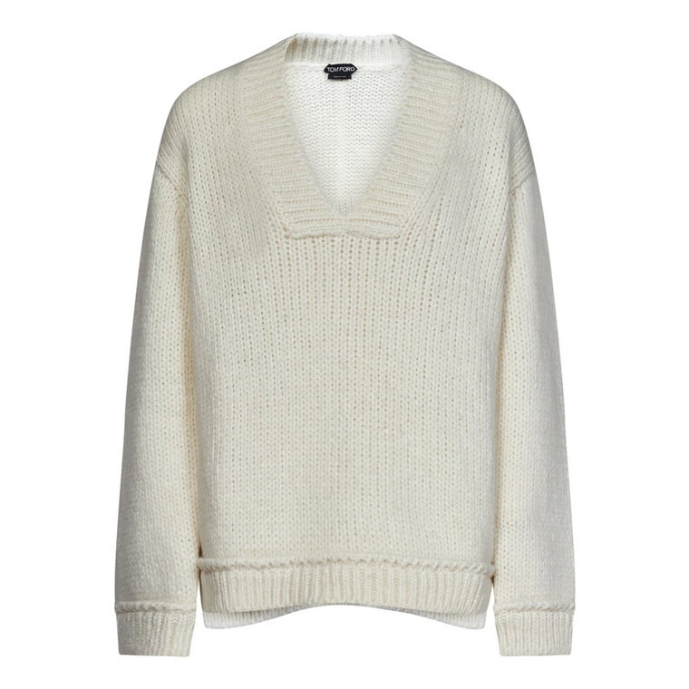 Biała sweter z dekoltem w serek i asymetrycznym ściągaczem Tom Ford