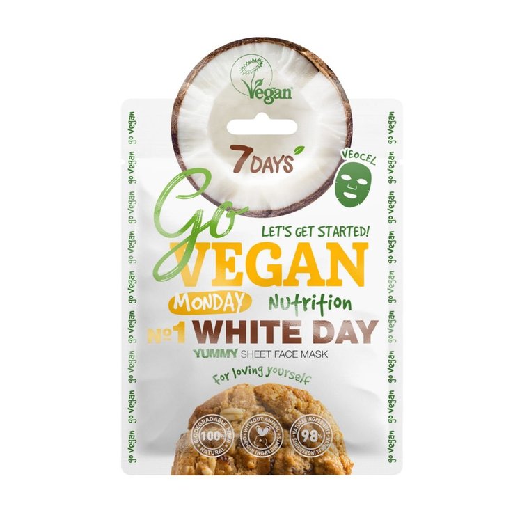 7Days, GoVegan, odżywcza maska w płachcie Monday WHITE DAY z olejem owsianym i ekstaraktem z kokosa, 25 g