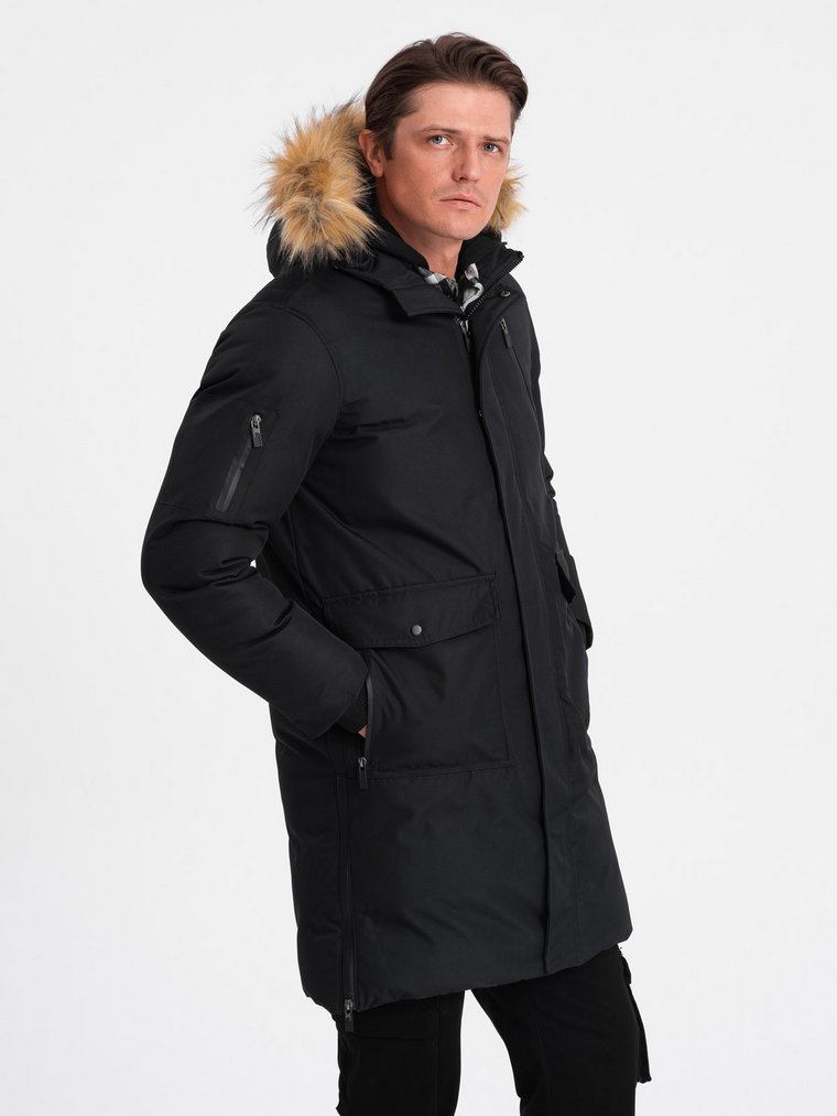 Zimowa kurtka męska alaska z odpinanym futerkiem od kaptura - czarna V2 OM-JALJ-0148