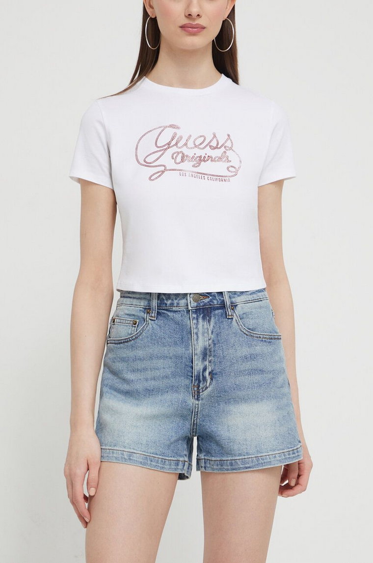 Guess Originals szorty jeansowe damskie kolor niebieski gładkie high waist