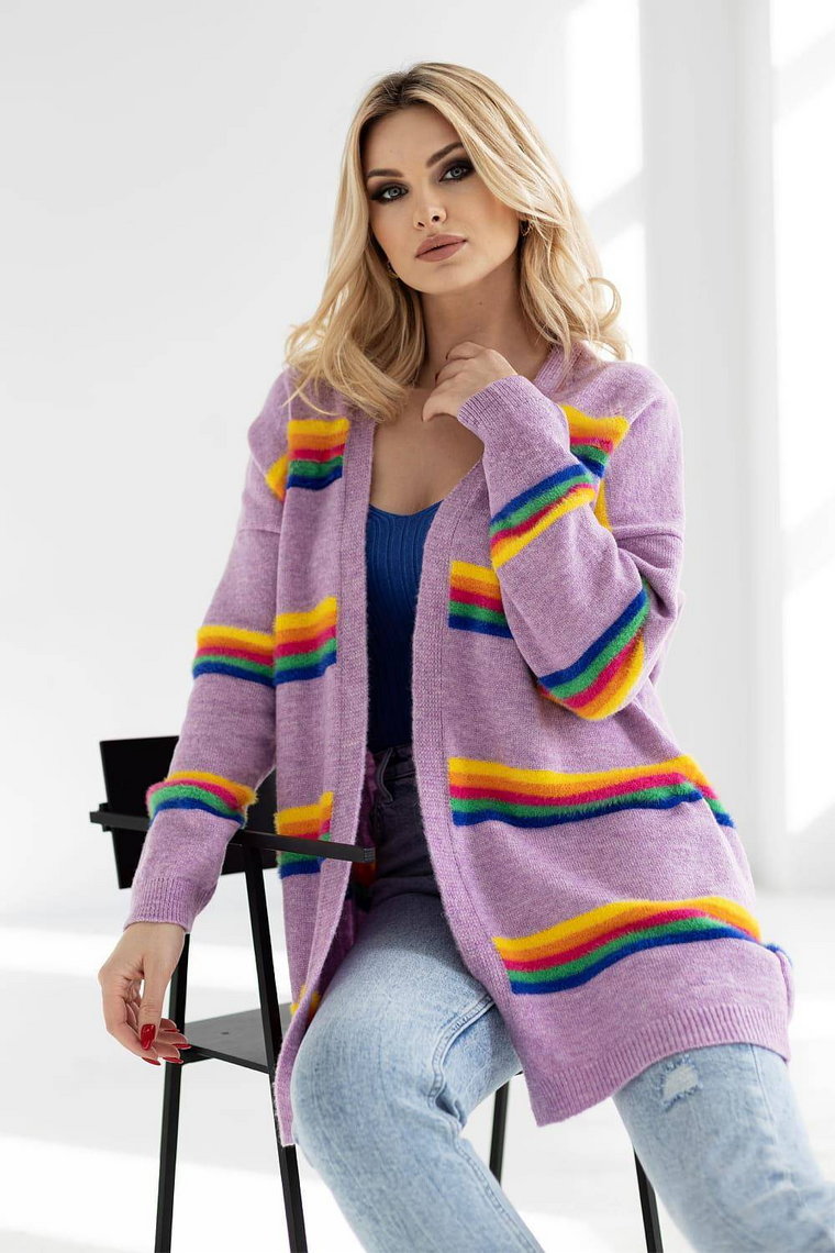 Elegancki sweter kardigan w kolorowe paski liliowy