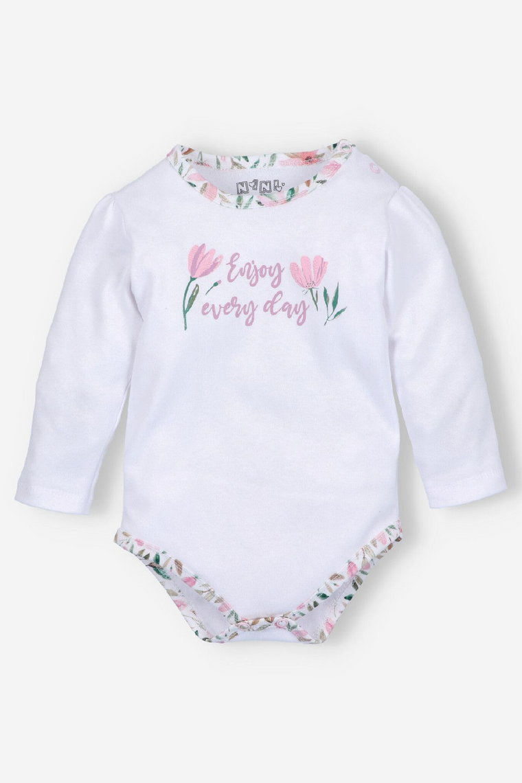 Body niemowlęce PINK FLOWERS z bawełny organicznej- białe
