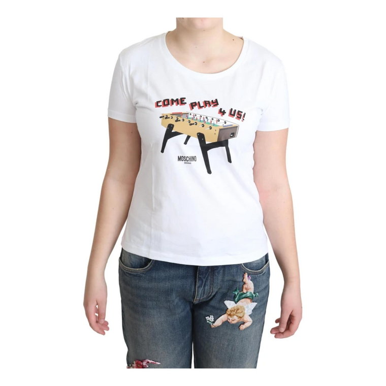 White Cotton Come Play 4 Us Print Tops T-shirt Moschino