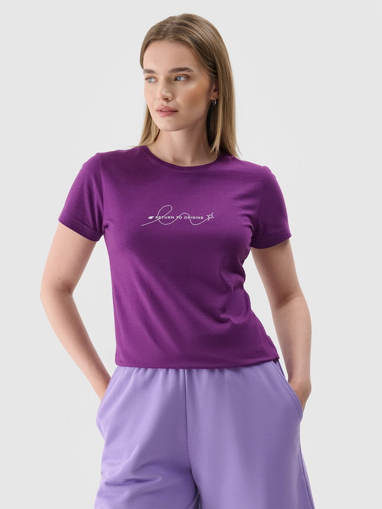 T-shirt slim z nadrukiem damski - fioletowy