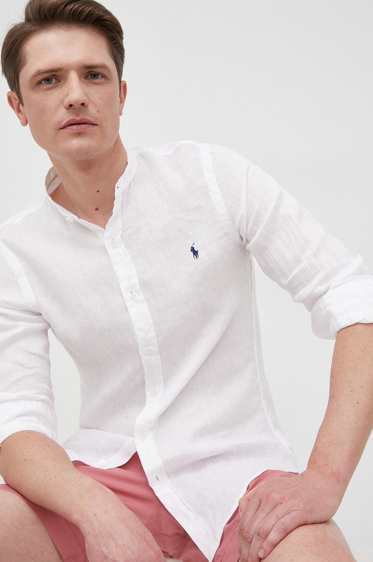 Polo Ralph Lauren koszula lniana 710801500001 męska kolor biały slim ze stójką
