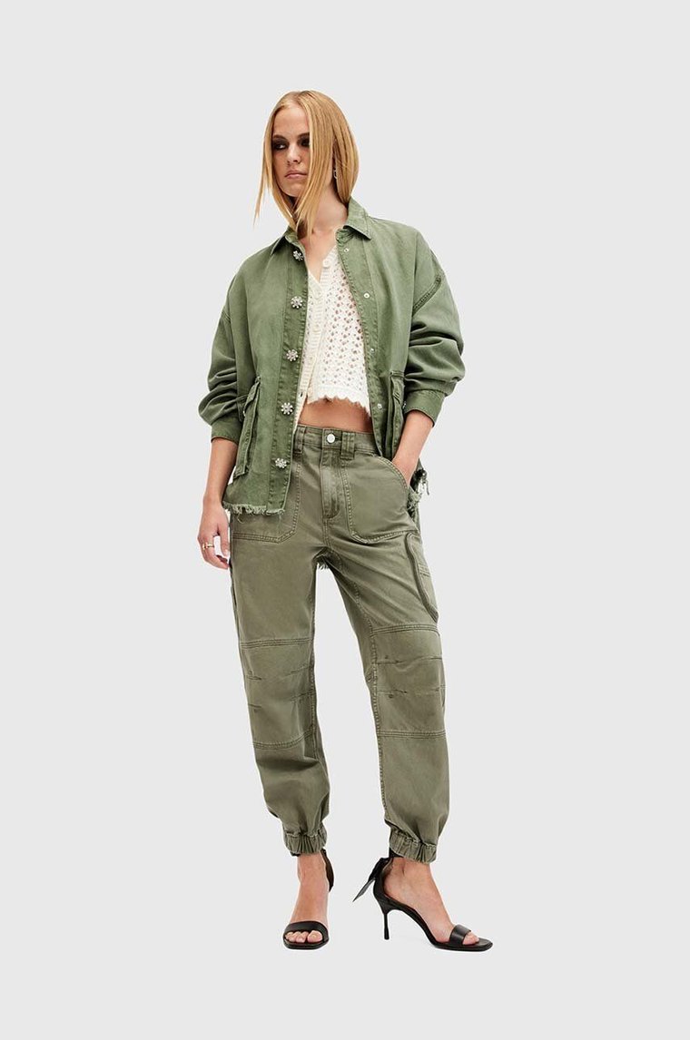 AllSaints spodnie bawełniane FLORENCE JOGGER kolor zielony fason cargo medium waist W017TB