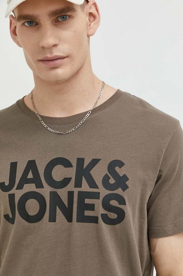 Jack & Jones t-shirt bawełniany JJECORP kolor brązowy z nadrukiem