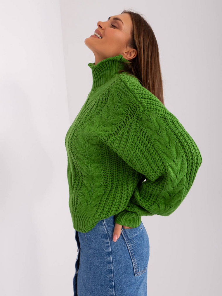 Sweter oversize zielony casual golf dekolt rękaw długi bufiasty