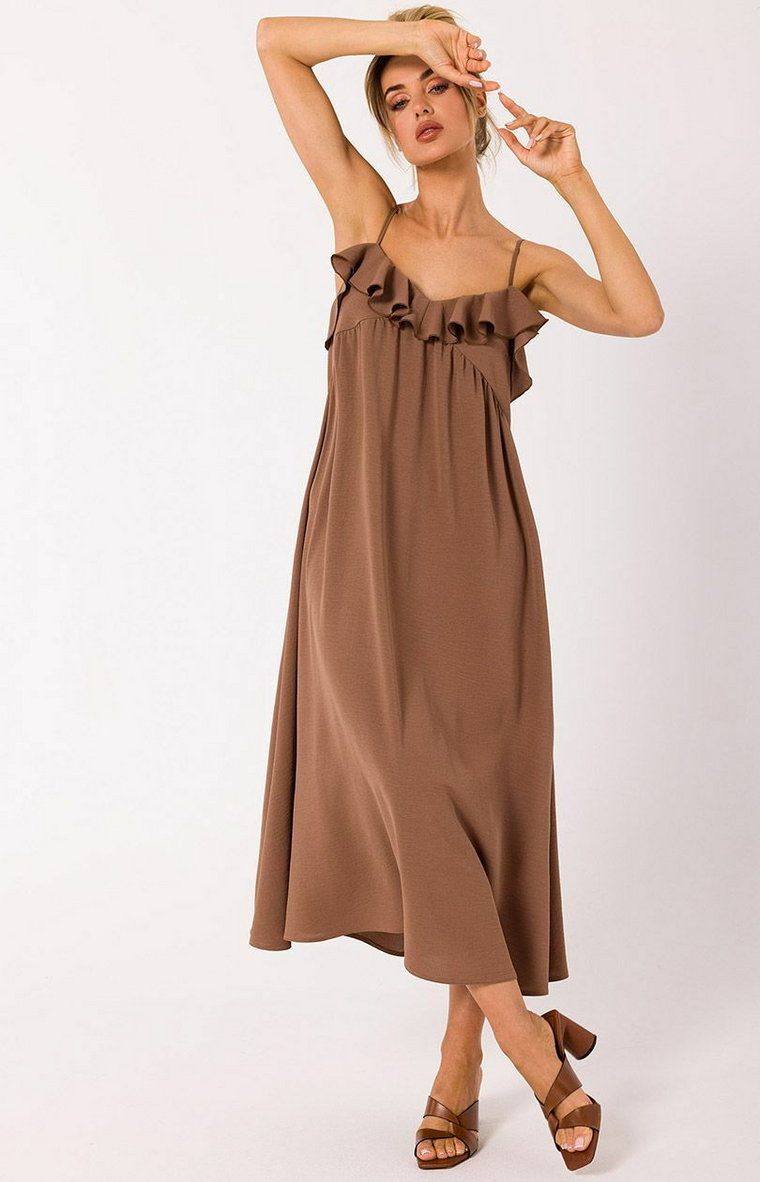 Sukienka na cienkich ramiączkach czekoladowa M743, Kolor czekoladowy, Rozmiar L, MOE